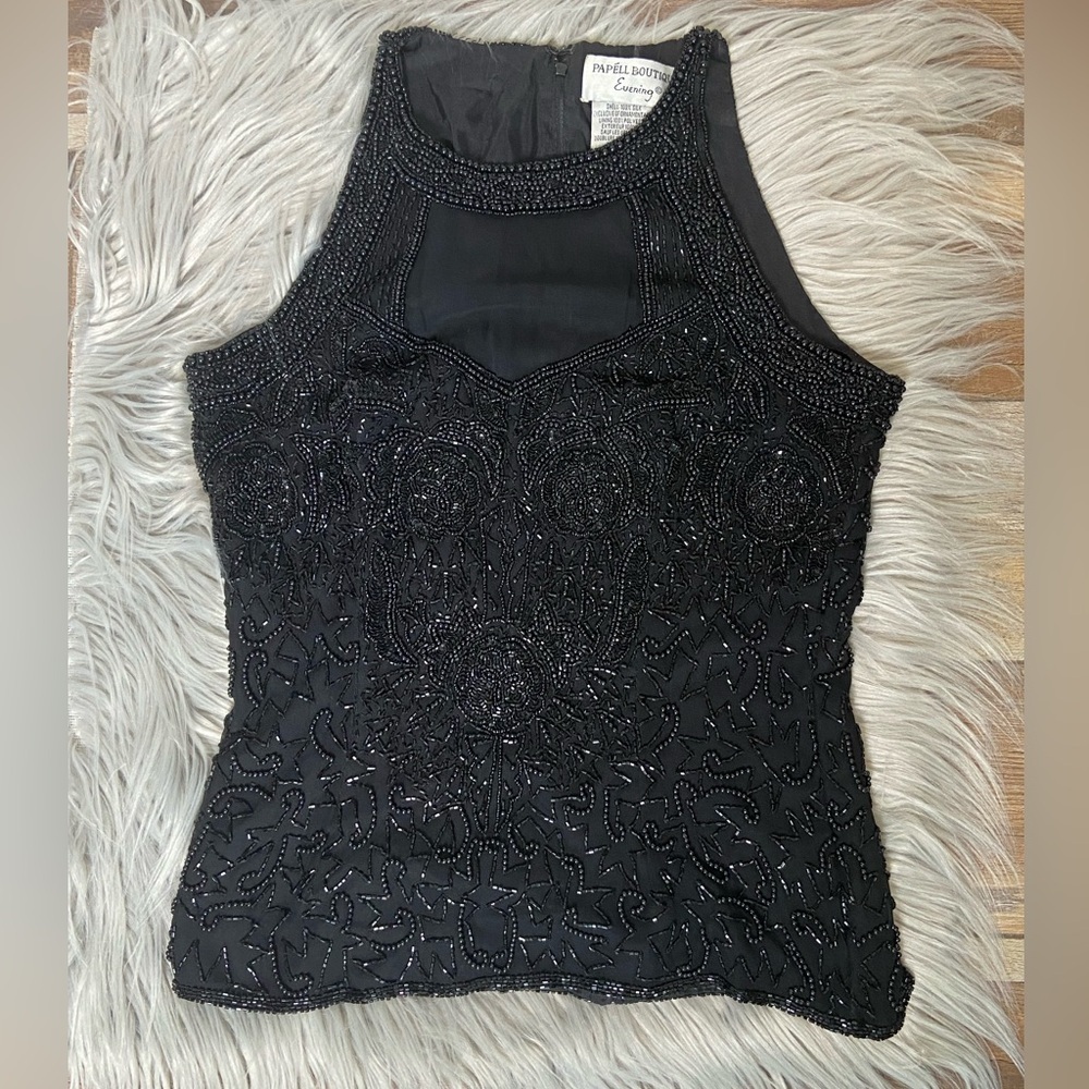 Papell Boutique Evening Beaded Sequin Top Size S Black Halter Party Cocktail